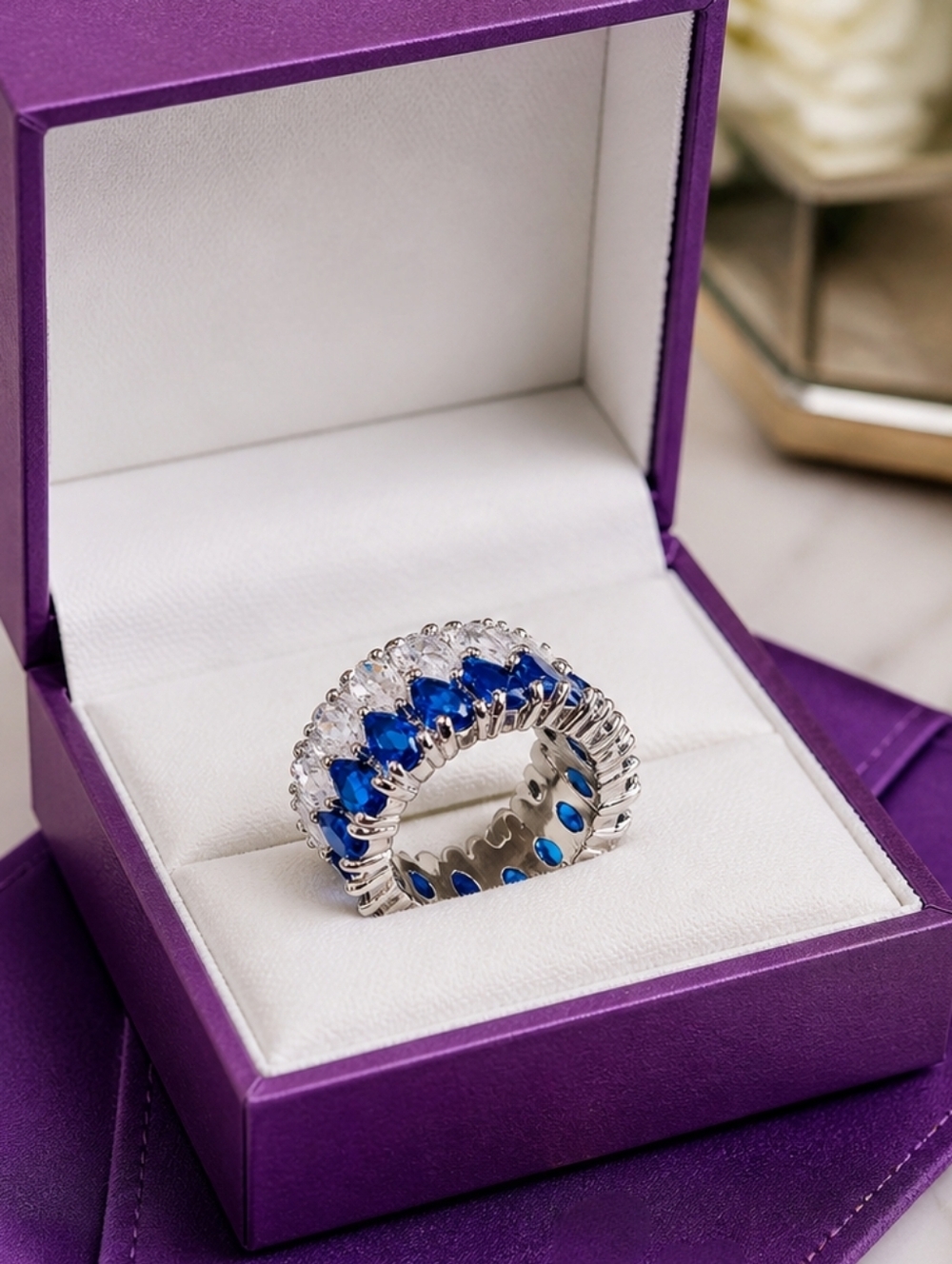 Silver Blue Sapphire-Style Eternity Ring - Elegant Women's Band